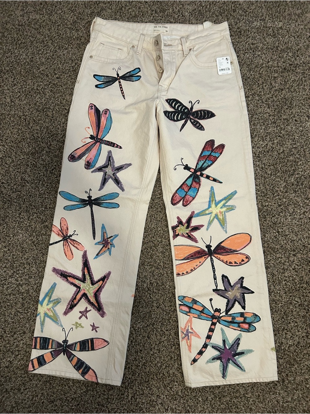 We The Free Cream Painted Dragongfly Low Rise Illusion Jeans